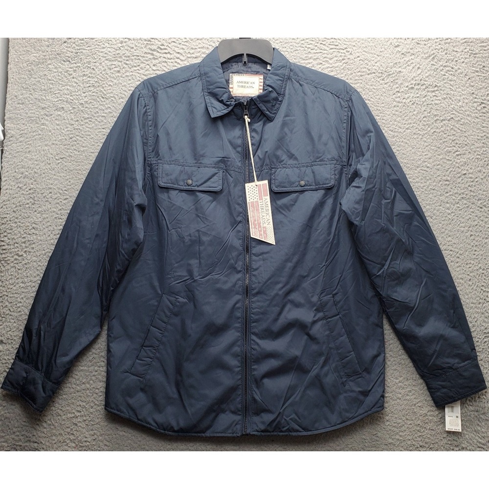 American Threads‎ Rain Wind Jacket Men's M Navy Waterproof Flap Pockets Full Zip